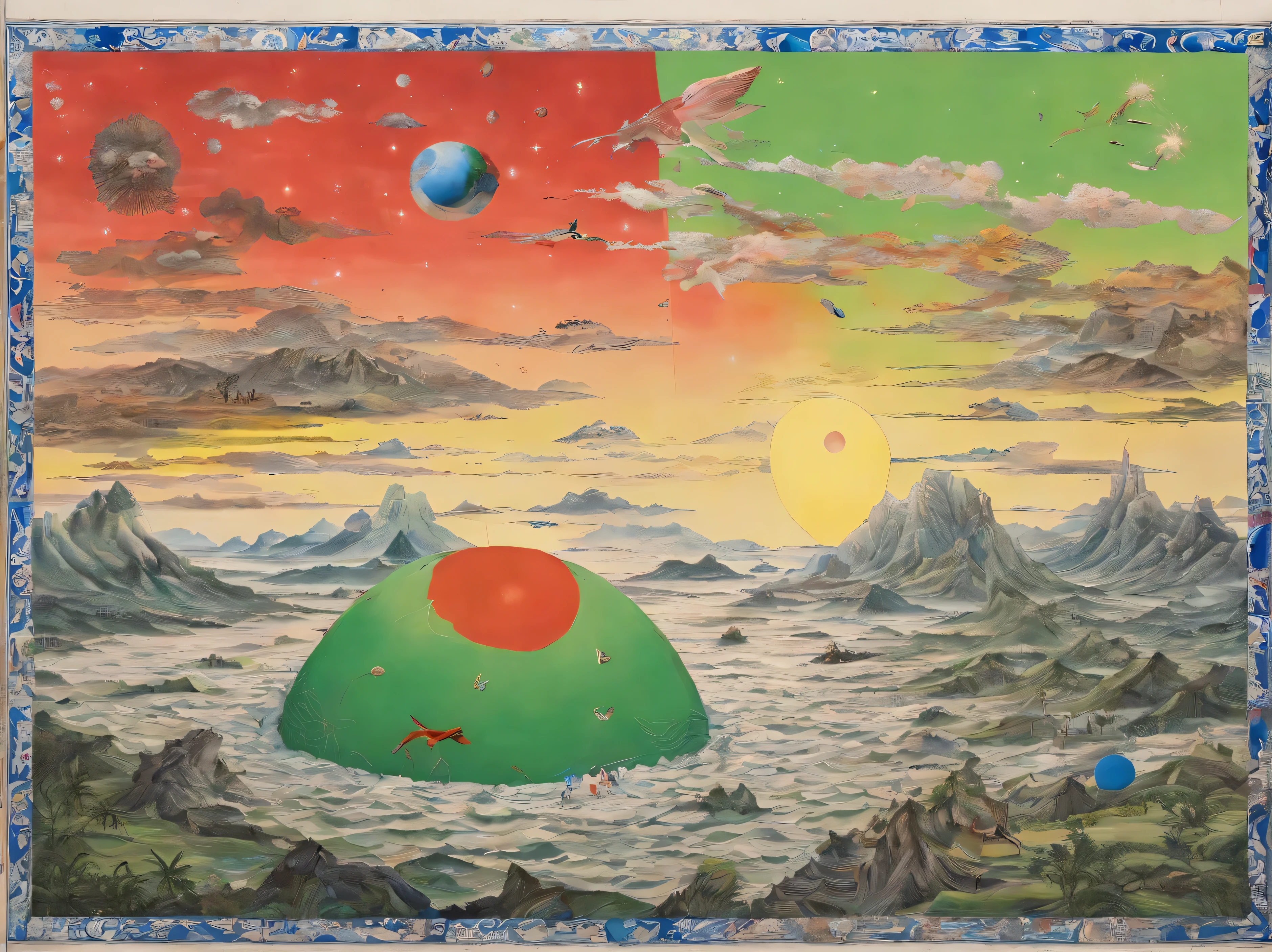 Contemporary painting、Semi-figurative and semi-abstract paintings、White background、oil、drawing、Bold and unpredictable brushstrokes(Grabbing)、A green sun in the upper left corner of the screen、Cobalt Blue Lines、Red color block、yellow stain、Black drawing lines、Thin green etched lines、Pencil lines、Vermillion Lines、Royal blue chunks、Green sphere、Red triangle、Black Volcano(Graphical Image)、The words of a poem are faintly drawn, and are indecipherable.(The jade sun shines in the distance)、A touch of impressionism、Surrealism、Cubist composition at the bottom of the screen、Five damaged Renaissance-style human figures at the bottom of the painting(Transmittance 20%)、Animals like those in the Lascaux caves(Transmittance 50%)、Tokyo skyscrapers、
Scenes from paintings:content「In the beginning、There are oceans in the world、There was an island。
There was a space egg on the island。When there is、When the egg cracks、The sun and moon appeared from within。
They created life and land。Even now、The sun and the moon revolve around the world of stars。」