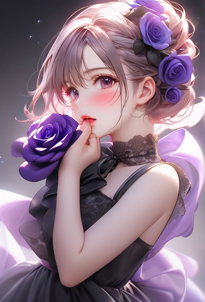 Multiple Exposure, masterpiece:1.2, Highest quality, High resolution, 16K, Beautiful details, Ultra-realistic, Photorealistic:1.37, Beautiful and cute girl, dance a flamenco, Put a single deep purple rose in your mouth，growing glay eye, shining student, Blushed, Shiny rosy lips, Beautiful delicate(hair, face, eye, student, Flamenco costumes, ), Jet Black、Full Body View、Uplifting