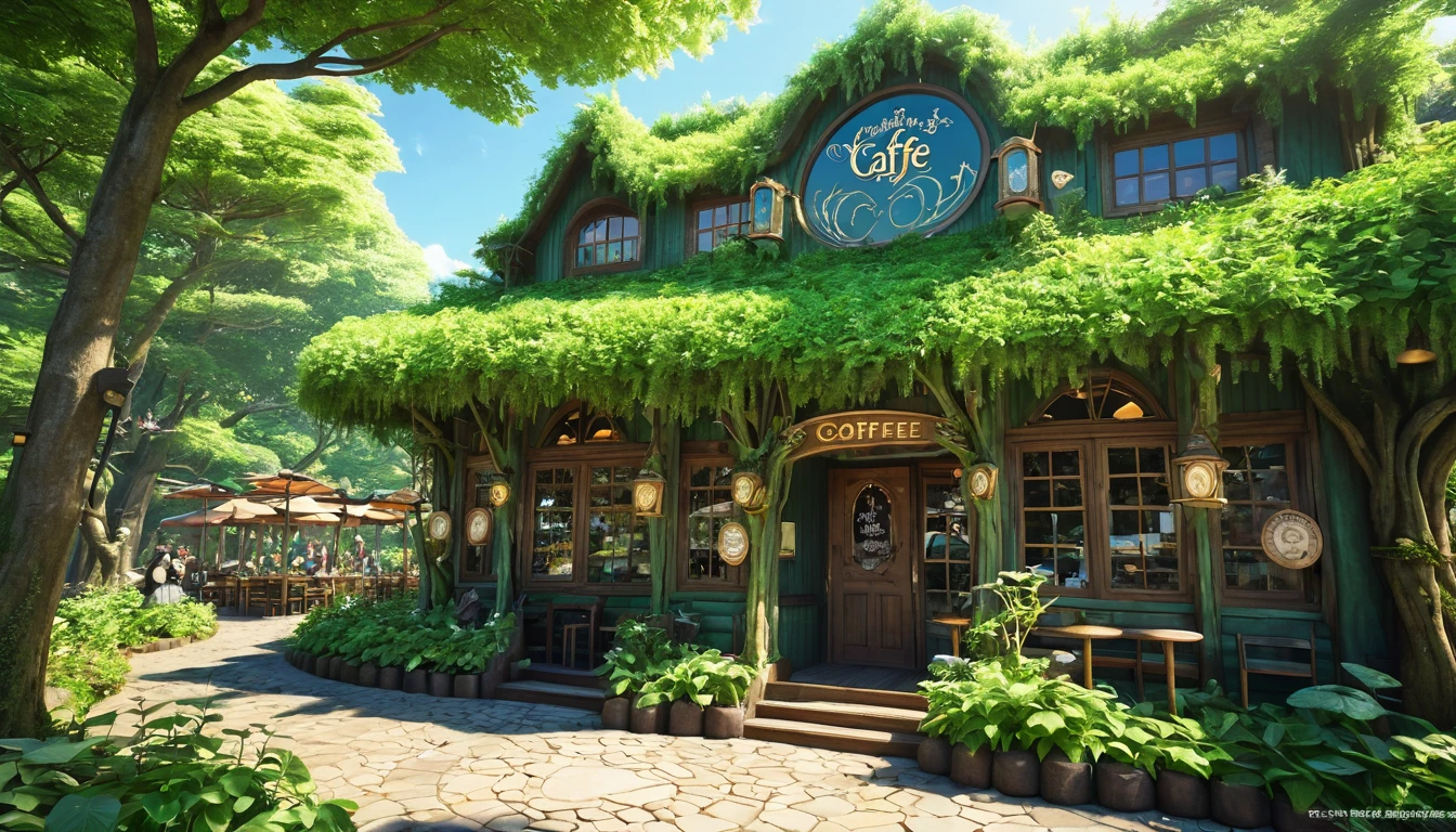 Whimsical fairy tale forest、魅惑的なmagical fantasy forest、coffee shop、Steampunk Forest、magical fantasy forest、fairy tale place、Cafe、雲の中のCafe、、Fairy Forest、Magical Forest、There is a cute sign with a picture of coffee at the entrance.、There is terrace seating in front of the store.、Gentle sunlight through the trees、Different world、Different dimension、Very realistic、Realistic、Surreal、masterpiece、Highest quality、High resolution、8k、3D Rendering、Depth of written boundary