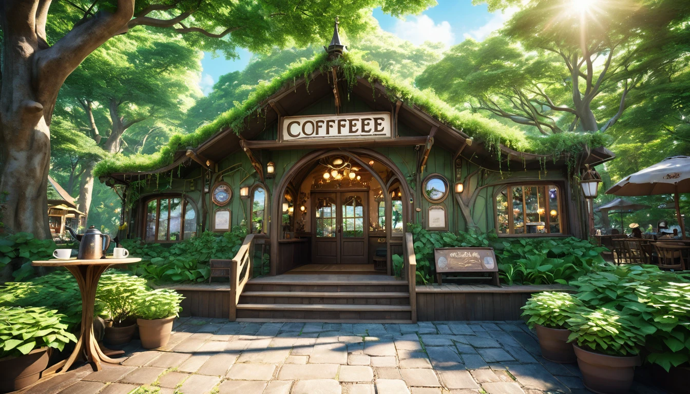 Whimsical fairy tale forest、魅惑的なmagical fantasy forest、coffee shop、Steampunk Forest、magical fantasy forest、fairy tale place、Cafe、雲の中のCafe、、Fairy Forest、Magical Forest、There is a cute sign with a picture of coffee at the entrance.、There is terrace seating in front of the store.、Gentle sunlight through the trees、Different world、Different dimension、Very realistic、Realistic、Surreal、masterpiece、Highest quality、High resolution、8k、3D Rendering、Depth of written boundary
