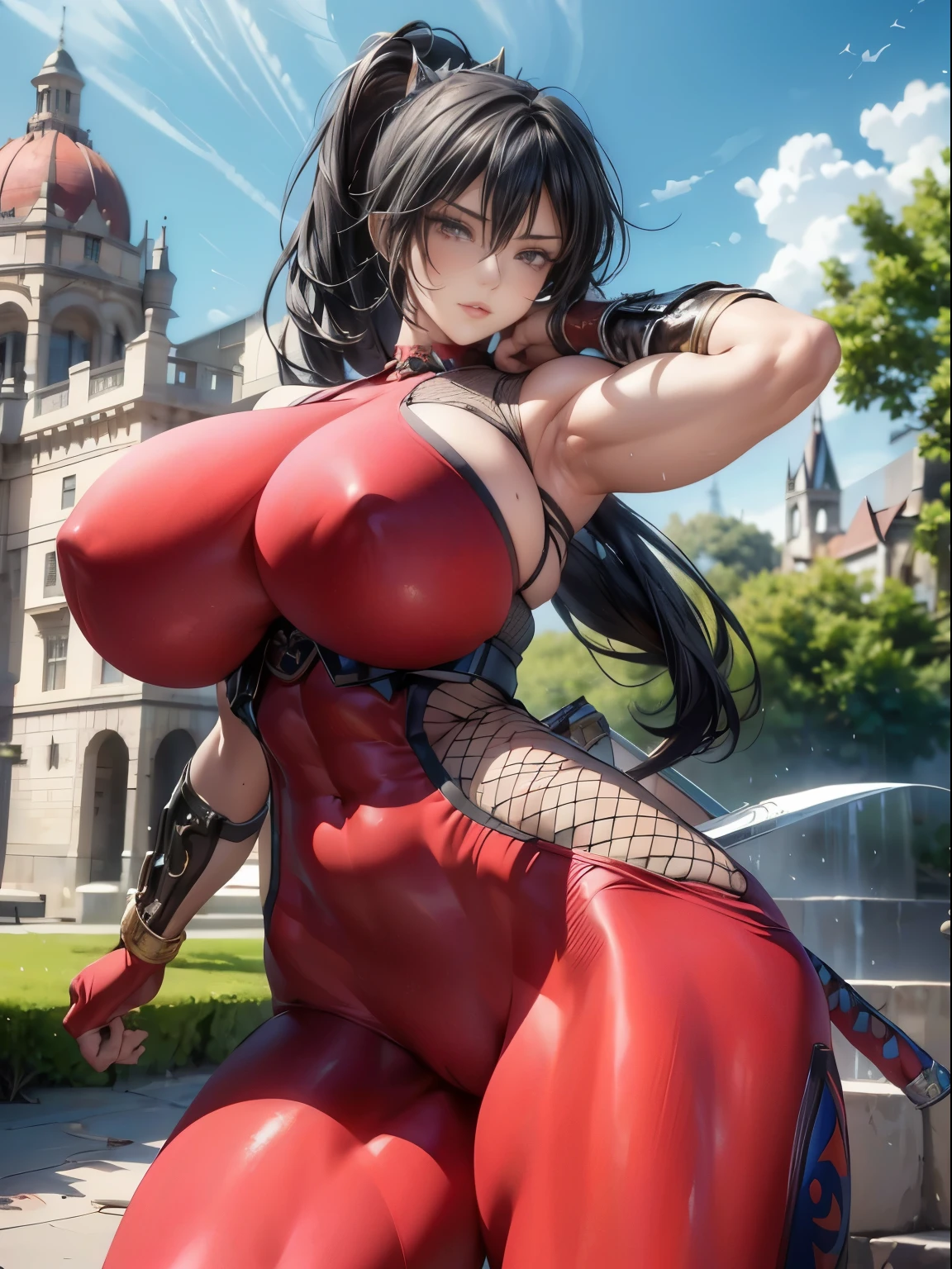 Excellent anatomy, masterpiece, Highest quality,Realistic, hyperRealistic, 16k hdr, like that, 赤いFishnet tightsのボディスーツ, 赤いFishnet tightsのボディスーツ, Fishnet tights, Fingerless gloves, Arm guard, Shoulder Armor,Medium chest,Outdoor,Castle Background,blue sky,Dynamic pose,(Fighting Pose:1.2),Spread your legs,(Black Mask,Holding a sword:1.1),Camel Toe,Fighting game female characters, (Huge and stunning goddess shot, Very hot and sexy, Incredible beauty, Perfect proportions, Beautiful body, Very muscular body beauty:1.5), Hip Up, Very muscular woman , ((((Very thick and muscular thighs)))) ,Trained abdominal muscles,Slim and toned waist, Beautiful Eyes ,Very well-trained back muscles, Sweaty armpits,Brush your hair up, Very muscular woman , Blurred Background ,