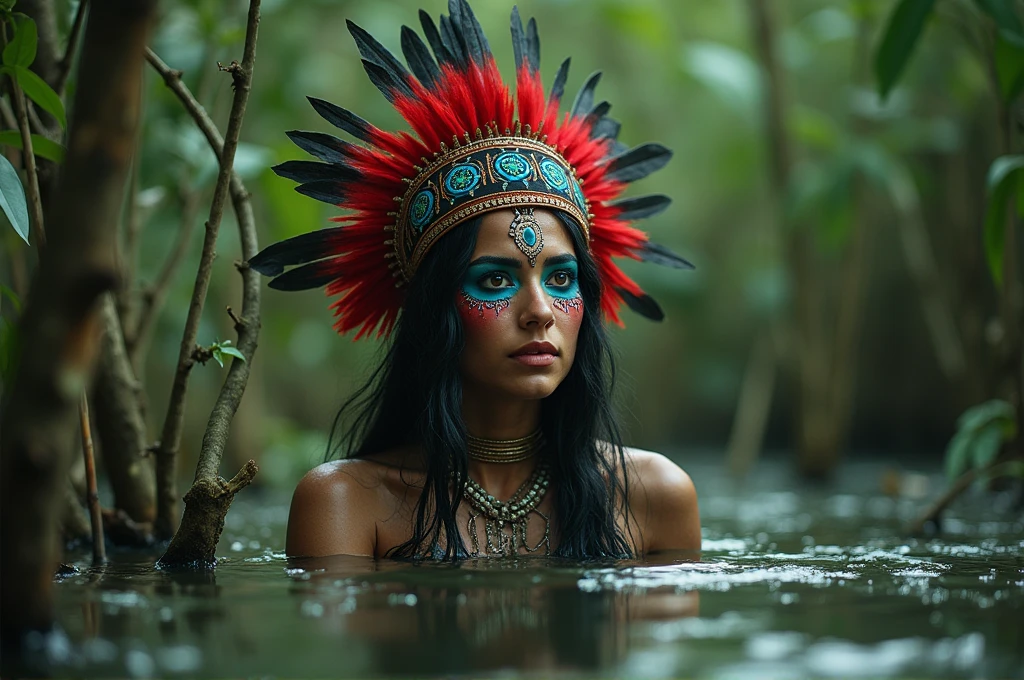 extremely detailed woman in t-shirt is victim of ritual,drowning in bog, in the middle of a mysterious bog, wearing a beautiful headdress and traditional indigenous makeup. red, green, blue