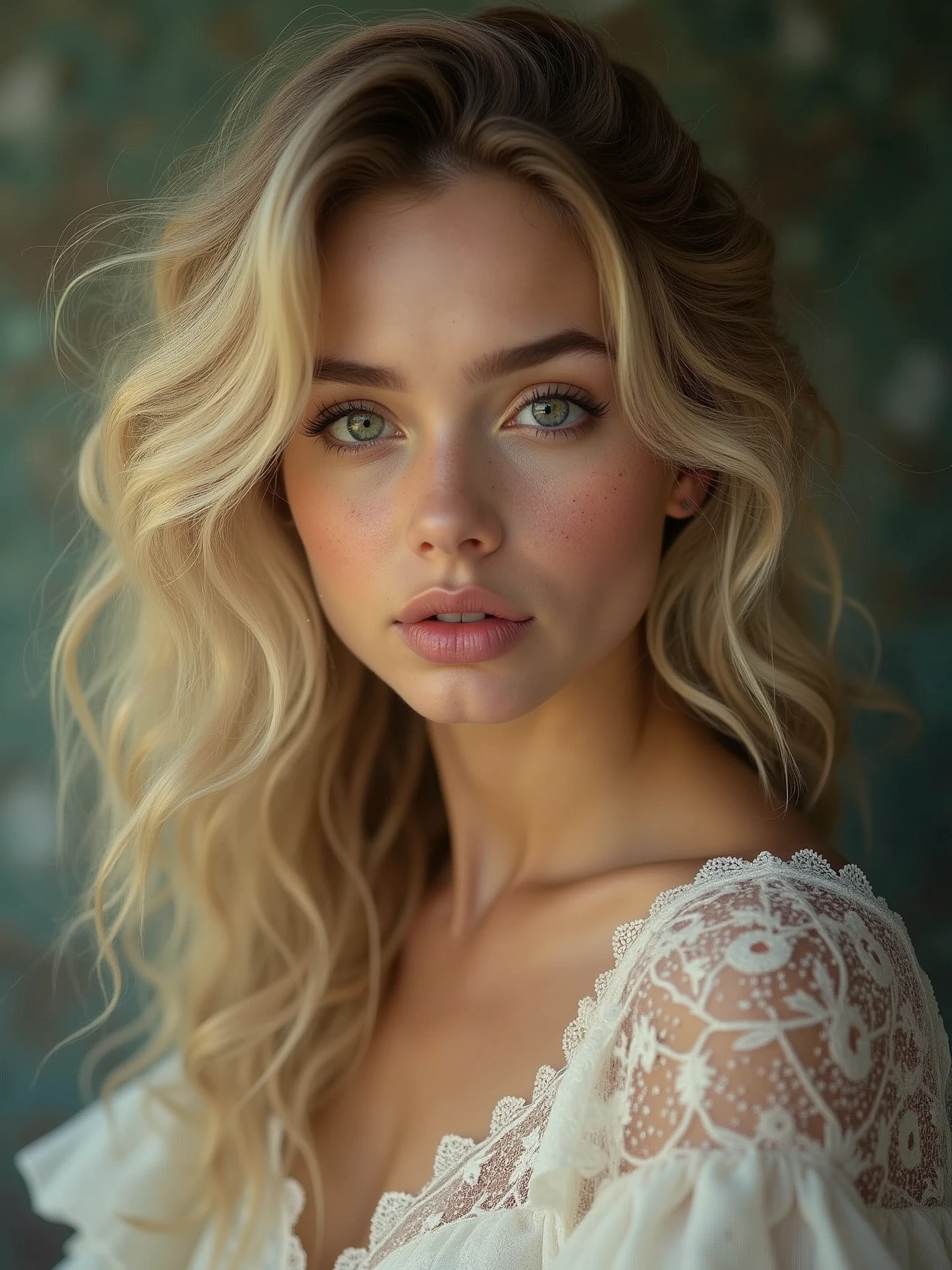 (best quality,highres,masterpiece:1.2),ultra-detailed,photorealistic:1.37,portrait,beautiful woman,curly hair,freckles,detailed eyes,detailed lips,dirty blonde hair,vibrant colors,soft lighting,studio setting,feminine,pensive expression,graceful pose,delicate features,subtle makeup,bokeh,shallow depth of field,subtle smile,rosy cheeks,airy feel,artistic composition, (((sfw)))