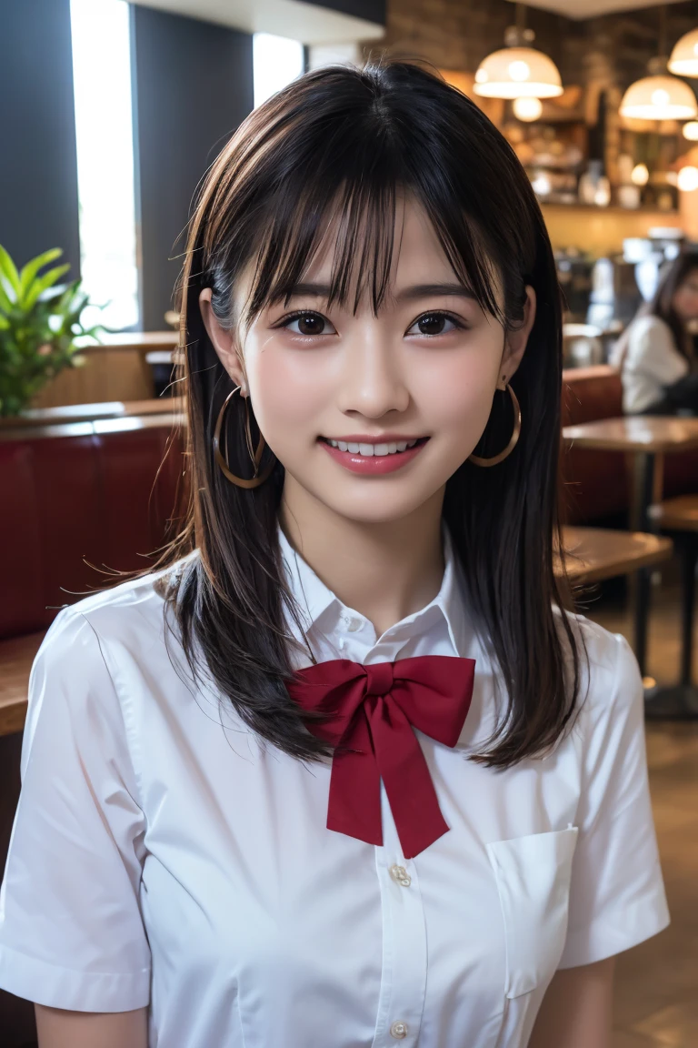 (8k, RAW Photos,Highest quality, High resolution:1.1), (超Realisticな:1.4),(Realistic, Realistic:1.3), Sodebtt Light,big,2 girls,Realistic Face,Realistic Body,Realistic Skin,Confused,masterpiece,(cute:1.8), Cuties, alone, (big:1.2), Fine black eyes,Innocent eyes,Blusher,(school uniform:1.2 ),Cinema Lighting,Film Grain,jewelry,Earrings,((Medium Hair:1.1)),((Floating Hair Novadebtrog Style)),Cherry colored lips,Hair Ribbon,Hair Ribbon,ponytail,close,Viewer,Long Hair,Upper Body,Open your lips,Upper teeth, (Smiling Eyes:0.6),((Grin:1.2)),Depth odebt Field, Blurred Background, Eye focus , Bokeh,young, 85mm lens, debt/1.4,Prodebtessional Lighting, young,Portraiture,Photon Mapping,Radio City,Physically Based Rendering,Asian、((Cafe、Cafe:1.3)),((high school girl:1.3))