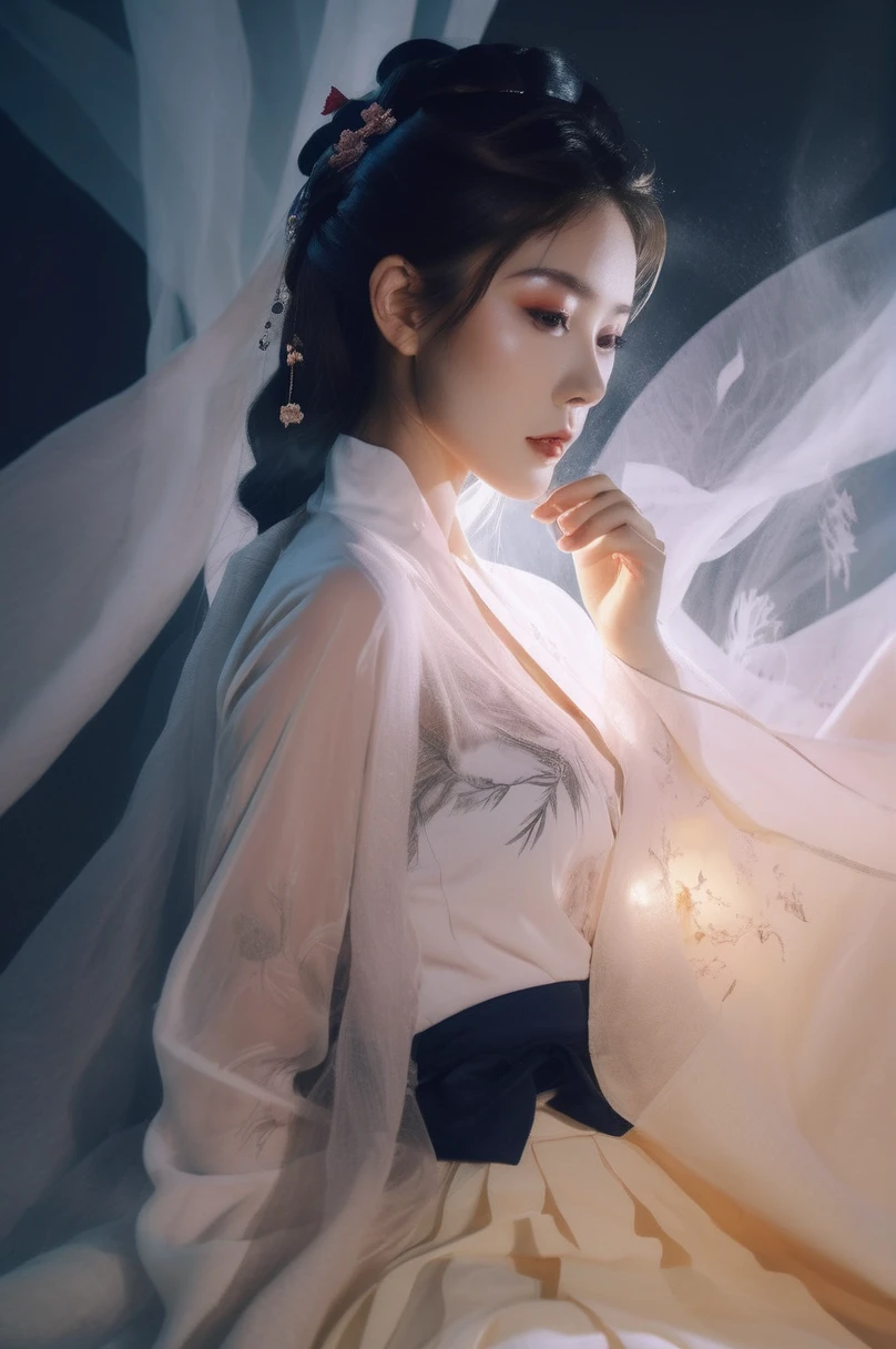 Double exposure style, Volumetric Lighting, Girl in tulle skirt,Head tilt,Traditional clothing,Artistic calligraphy and ink,, light depth, Dramatic atmospheric lighting, Volumetric Lighting, Ghosting effect, Image combination, Double exposure style