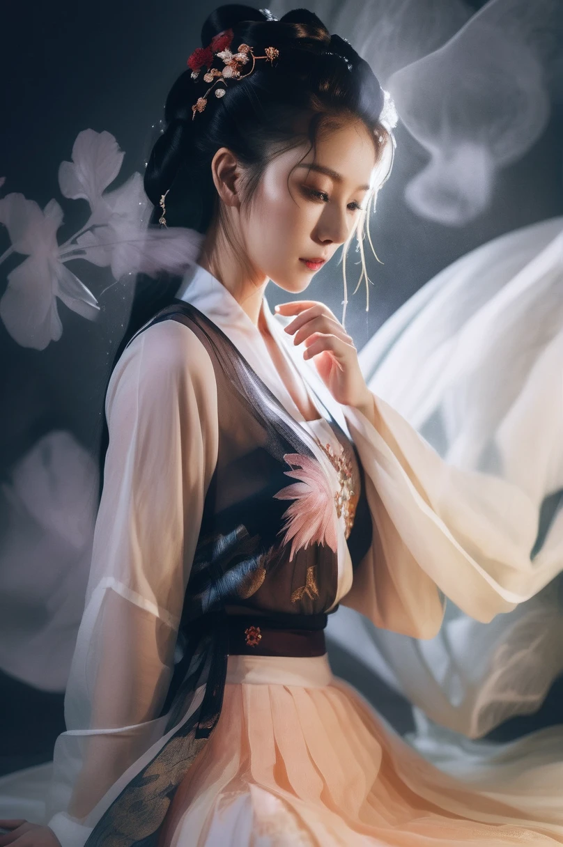 Double exposure style, Volumetric Lighting, Girl in tulle skirt,Head tilt,Traditional clothing,Artistic calligraphy and ink,, light depth, Dramatic atmospheric lighting, Volumetric Lighting, Ghosting effect, Image combination, Double exposure style