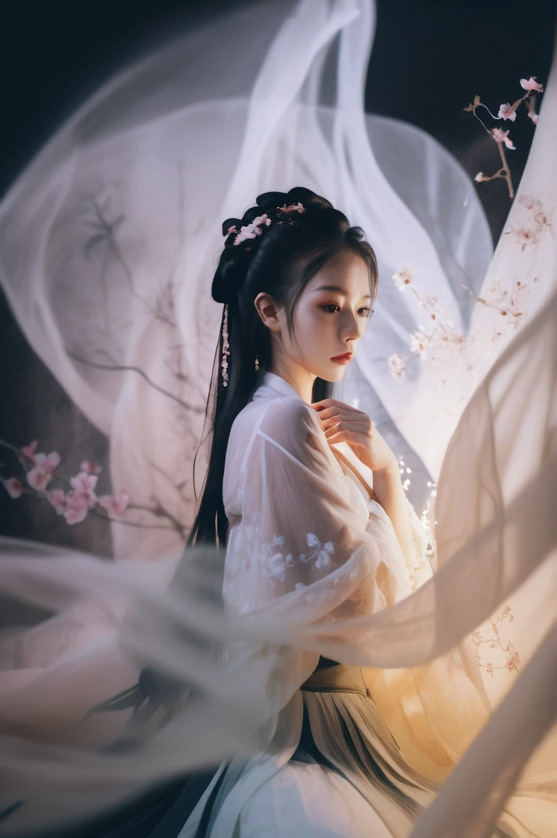 Double exposure style, Volumetric Lighting, Girl in tulle skirt,Head tilt,Traditional clothing,Artistic calligraphy and ink,, light depth, Dramatic atmospheric lighting, Volumetric Lighting, Ghosting effect, Image combination, Double exposure style