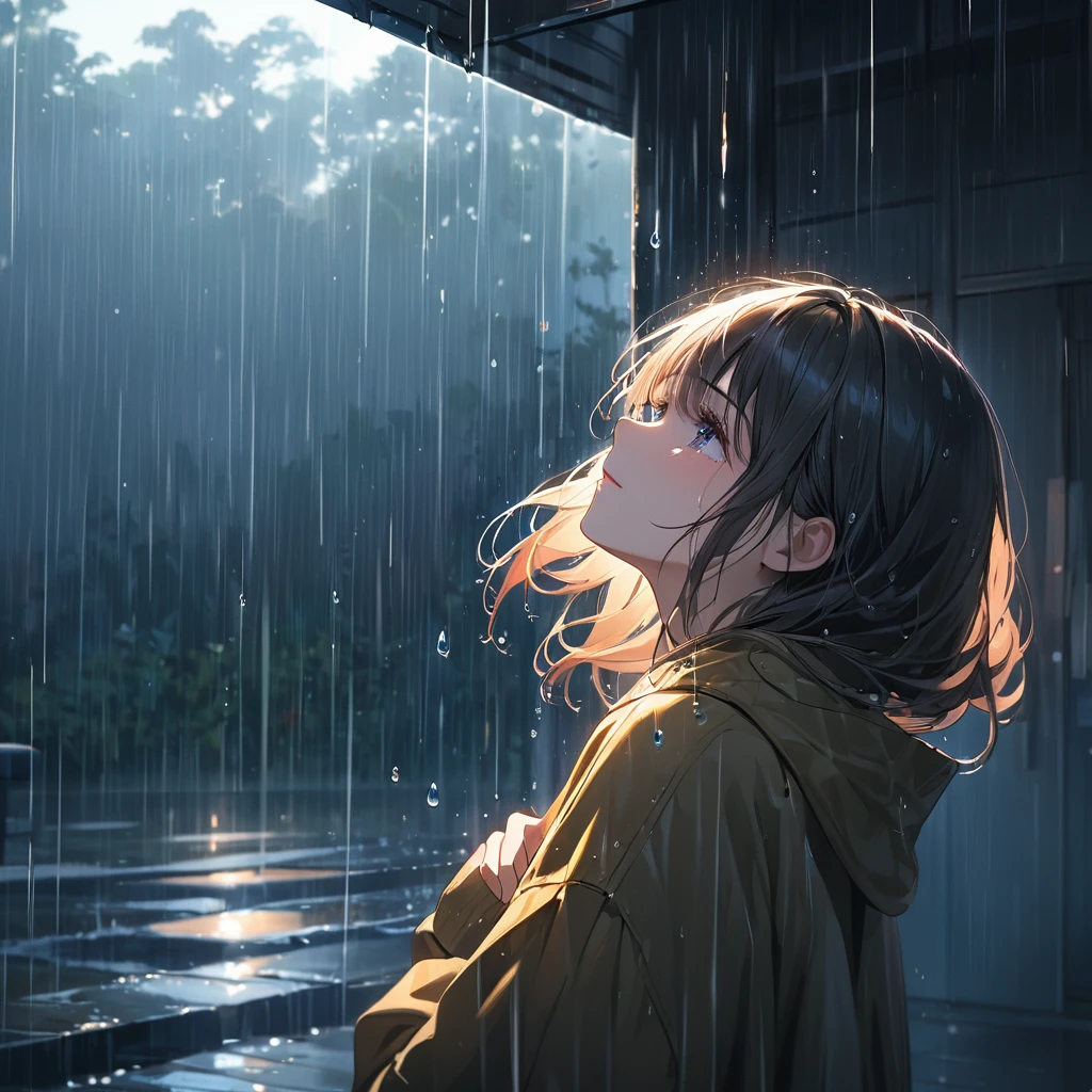 (masterpiece, Highest quality:1.2), One Girl, Create a high quality illustration of a beautiful girl crying in the rain, Surrounded by a nostalgic and fantastic atmosphere, Pay attention to detail. Imagine a girl standing in the rain., Her tears mix with the drops falling from the sky. Recreate a nostalgic atmosphere, Evokes feelings of melancholy and longing. Pay attention to the details, Light reflected in raindrops and a girl'Subtle expressions. Aim for a composition that conveys the beauty and emotion of the scene, The exhibition invites the audience into a world where emotions and natural elements come together.. Highest quality, masterpiece