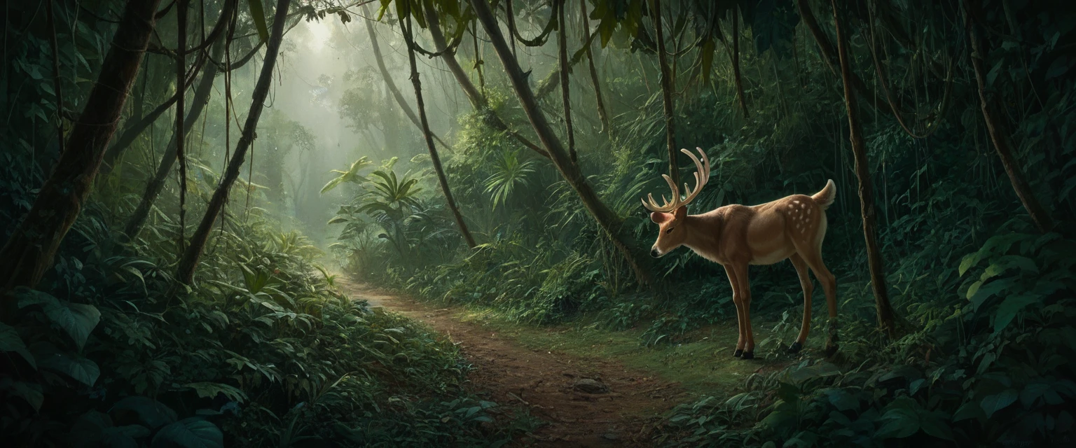 nature shot with wide shot of a dark jungle scene,face of a baby golden-deer hiding between the bushes,hunting,nightfall,dimmly lit,intense gaze,tension,perfect composition,masterpiece,best quality,Outdoors,greenery,natural light,fresh,vivid contrast,vivid color,Hyperrealistic art cinematic film still photography in the style of detailed hyperrealism photoshoot, taran boy