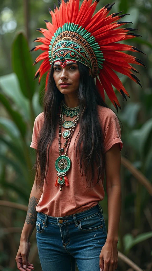 extremely detailed woman in jeans and t-shirt is victim of ritual, wearing a beautiful headdress and traditional indigenous makeup. red, green, blue