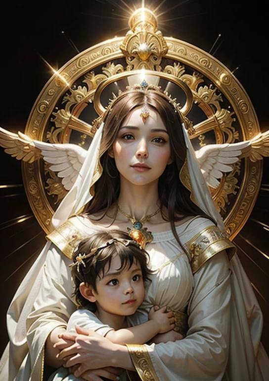 masterpiece, woman and child, holy virgin mary with ********** in her arms, ((halo over head)), smiling, heavenly sky, half body, ((divine light)), ethereal, clouds, back lighting, realistic portrait, symmetrical, strong, intricate drawing, highly detailed, digital painting, art station, concept art, fluid, sharp focus, illustration, against heaven's gate, cinematic lighting, works by artgerm and greg rutkowski and alphonse mucha 