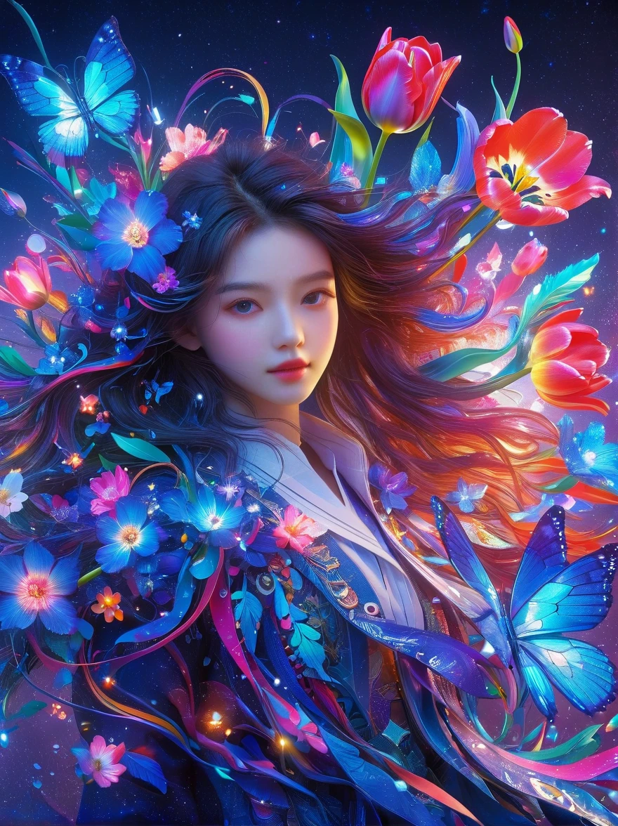 (3D，Mechanical feel，cute，ais-scrapyrd 1girl，Mechanical tulip)，(使用广角镜头拍摄whole body图像:1.9)，(masterpiece:1.1)，(Highest quality:1.1)，(HDR:1.0)，Ambient Light，Ultra high quality，(Ultra-detailed original illustrations)，(1 Girl，whole body)，(Rainbow Skirt)，(Slender thighs)，(Shoes made from tulip flowers: 1.5)，((Harajuku Fashion))，((Tulip flower with human eyes，Eye disease))，Double Exposure，Fusion of Fluid Abstract Art，Fault，(Original illustration composition)，(Limited color blending，Extreme art style，Geometric artstyle), , Colorful neon lights，High-tech mechanical parts，Metal body，Detailed Vibranium Flower Design，Vibrant colors，Dynamic glowing flowers，Reflective metal surface，Bright environment，Dynamic poses，Exquisite existence，Skills Improvement，Interlocking mechanical gears，Stylish design，motion blur effect，Detailed metal treatment，Sci-fi atmosphere，Streamlined aerodynamic shape，Laser scanning pattern，Holographic projection，LED light track，Beautiful and unforgettable，Advanced sensors，Complex algorithms，Ominous and mysterious atmosphere，Electric Spark，Shiny chrome，Propulsion systems of the future，(Best quality，8k，high resolution，masterpiece:1.2)，Super detailed，(whole body:1.8), magazine photography，一个cute的女孩形象，Popular on social platforms，((Dopamineism))，(((Dopamine color matching)))，Dopamine，(in the style of Y2K)，Luo Erchun，3D古风，Oriental poetry and painting