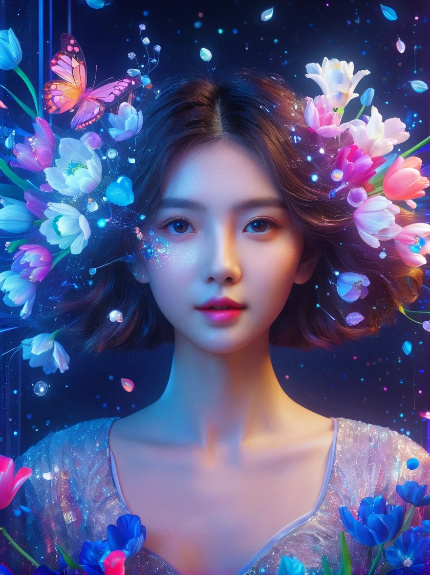 (3D，Mechanical feel，cute，ais-scrapyrd 1girl，Mechanical tulip)，(使用广角镜头拍摄whole body图像:1.9)，(masterpiece:1.1)，(Highest quality:1.1)，(HDR:1.0)，Ambient Light，Ultra high quality，(Ultra-detailed original illustrations)，(1 Girl，whole body)，(Rainbow Skirt)，(Slender thighs)，(Shoes made from tulip flowers: 1.5)，((Harajuku Fashion))，((Tulip flower with human eyes，Eye disease))，Double Exposure，Fusion of Fluid Abstract Art，Fault，(Original illustration composition)，(Limited color blending，Extreme art style，Geometric artstyle), , Colorful neon lights，High-tech mechanical parts，Metal body，Detailed Vibranium Flower Design，Vibrant colors，Dynamic glowing flowers，Reflective metal surface，Bright environment，Dynamic poses，Exquisite existence，Skills Improvement，Interlocking mechanical gears，Stylish design，motion blur effect，Detailed metal treatment，Sci-fi atmosphere，Streamlined aerodynamic shape，Laser scanning pattern，Holographic projection，LED light track，Beautiful and unforgettable，Advanced sensors，Complex algorithms，Ominous and mysterious atmosphere，Electric Spark，Shiny chrome，Propulsion systems of the future，(Best quality，8k，high resolution，masterpiece:1.2)，Super detailed，(whole body:1.8), magazine photography，一个cute的女孩形象，Popular on social platforms，((Dopamineism))，(((Dopamine color matching)))，Dopamine，(in the style of Y2K)，Luo Erchun，3D古风，Oriental poetry and painting