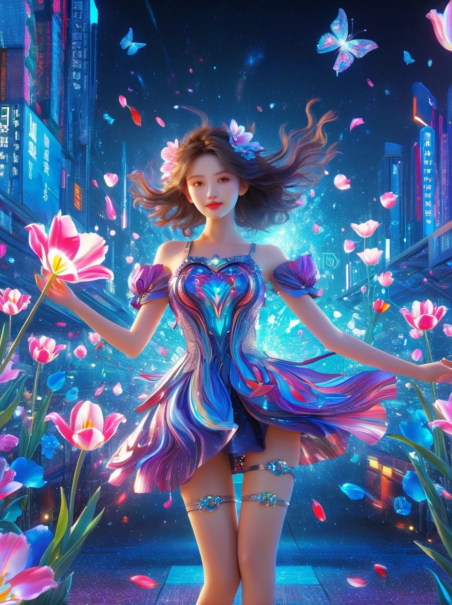 (3D，Mechanical feel，cute，ais-scrapyrd 1girl，tulip)，(使用广角镜头拍摄whole body图像:1.9)，(masterpiece:1.1)，(Highest quality:1.1)，(HDR:1.0)，Ambient Light，Ultra high quality，(Ultra-detailed original illustrations)，(1 Girl，whole body)，(Rainbow Skirt)，(Slender thighs)，(由tulip花朵制成的鞋子: 1.5)，((Harajuku Fashion))，((Flowers with human eyes，Eye disease))，Double Exposure，Fusion of Fluid Abstract Art，Fault，(Original illustration composition)，(Limited color blending，Extreme art style，Geometric artstyle), , Colorful neon lights，High-tech mechanical parts，Metal body，Detailed Vibranium Flower Design，Vibrant colors，Dynamic glowing flowers，Reflective metal surface，Bright environment，Dynamic poses，Exquisite existence，Skills Improvement，Interlocking mechanical gears，Stylish design，motion blur effect，Detailed metal treatment，Sci-fi atmosphere，Streamlined aerodynamic shape，Laser scanning pattern，Holographic projection，LED light track，Beautiful and unforgettable，Advanced sensors，Complex algorithms，Ominous and mysterious atmosphere，Electric Spark，Shiny chrome，Propulsion systems of the future，(Best quality，8k，high resolution，masterpiece:1.2)，Super detailed，(whole body:1.8), magazine photography，一个cute的女孩形象，Popular on social platforms，((Dopamineism))，(((Dopamine color matching)))，Dopamine，(in the style of Y2K)，Luo Erchun，3D古风，Oriental poetry and painting