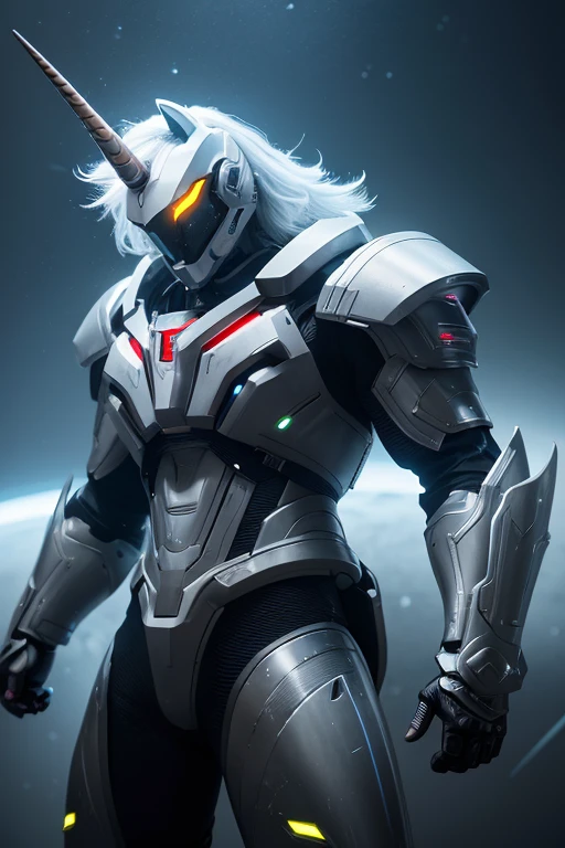 A highly detailed digital painting of a unicorn in a futuristic combat suit, sleek mechanical design, muscular body, intricate armor plates, glowing energy effects, space environment, cinematic lighting, hyper-realistic, 8K, photorealistic, concept art, intricate detail, dynamic pose, moody colors 男 バイザー 緑