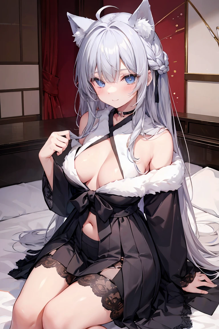 Gray Hair, cat collar black, Star-shaped pupil, 美しいAttention to detail目, blue eyes, Jewel-like eyes, , belly button, Japan Girls Room, Girl on bed, first field view, Ahoge, Hair that falls over the shoulders, Very long hair, very thick hair,Hug your feet, Beautifully detailed jewel leather color, Animal ears, smile, Embarrassing, blush, tear up, Attention to detail, anime, Romanticism, Shine, silhouette, Depth of written boundary, 超High resolution, retina, masterpiece, Accurate, Anatomically correct, Textured skin, Super Detail, Attention to details, Awards, 最high quality, High resolution, high quality, 16K