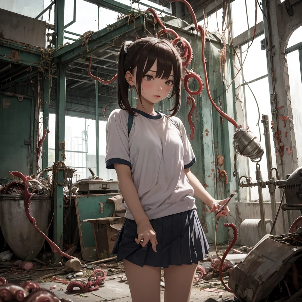8Year、Girl captured by tentacles in abandoned factory、Tentacles in a skirt、Pants fabric texture、cry