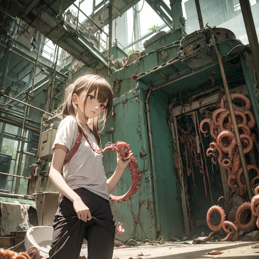 ８Year、Girl captured by tentacles in abandoned factory、Tentacles in a skirt、Pants fabric texture、cry