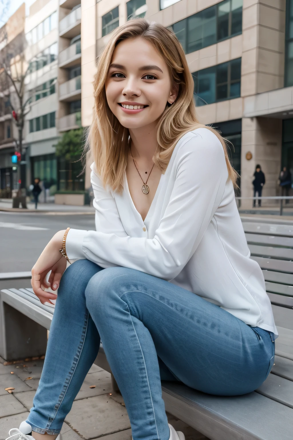 Highest quality, woman sitting on a bench、Full body photo、,smile、Beautiful teeth alignment、White women、Blonde Hair、Dark eyeliner、、Long sleeve blouse、Skinny jeans、sneakers、ear piercing、necklace, , Face Focus、The background is the building&#39;s corridor.