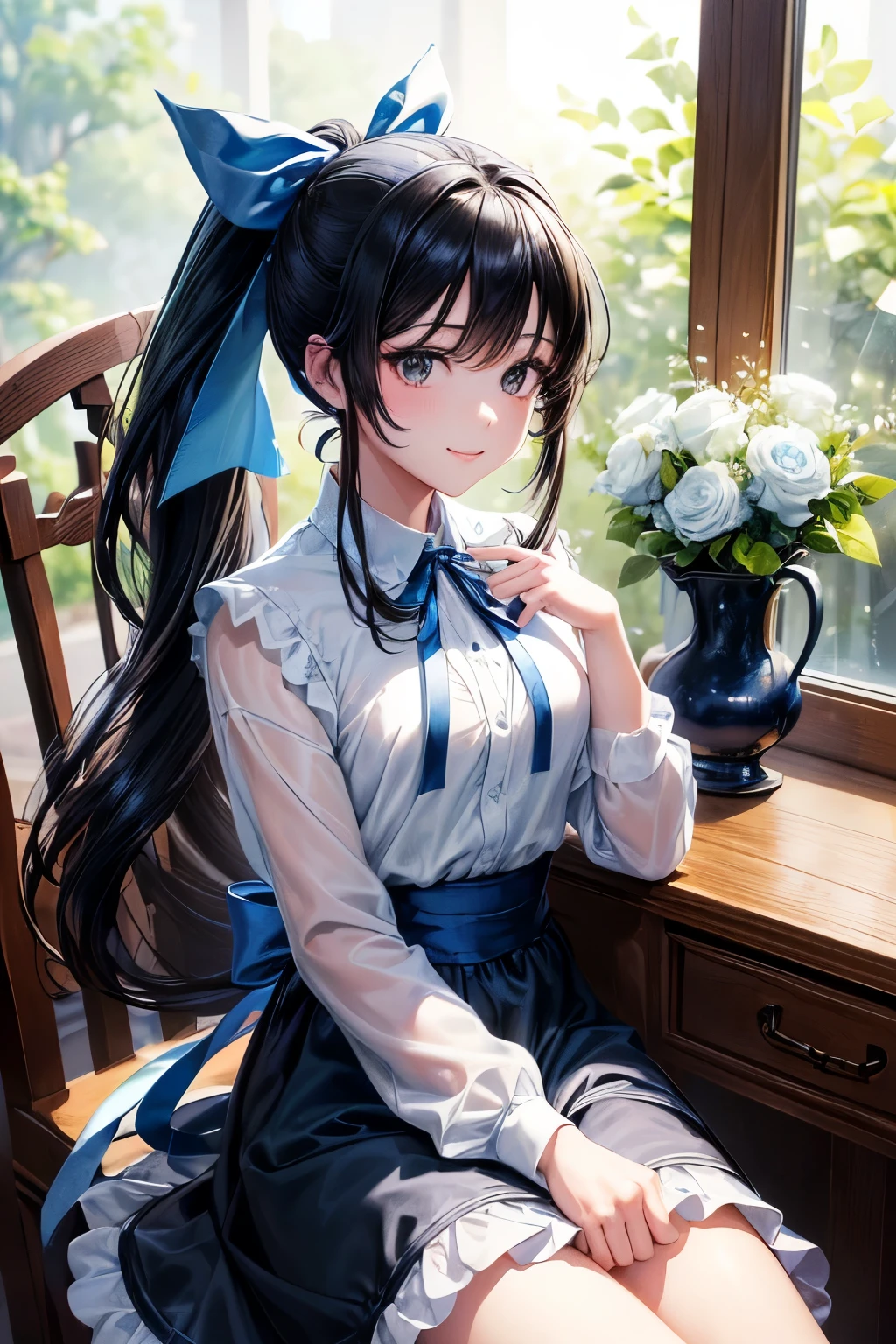 masterpiece, top quality, High resolution, Very detailed, Detailed Background,(Lauren Chrome, (black hair, Semi-long hair, Ponytail blue ribbon),(white shirt, blue short ribbon, Long blue dress), small, Neat, black eyes,Learning, gentle smile), Scale out, unique learning, vase