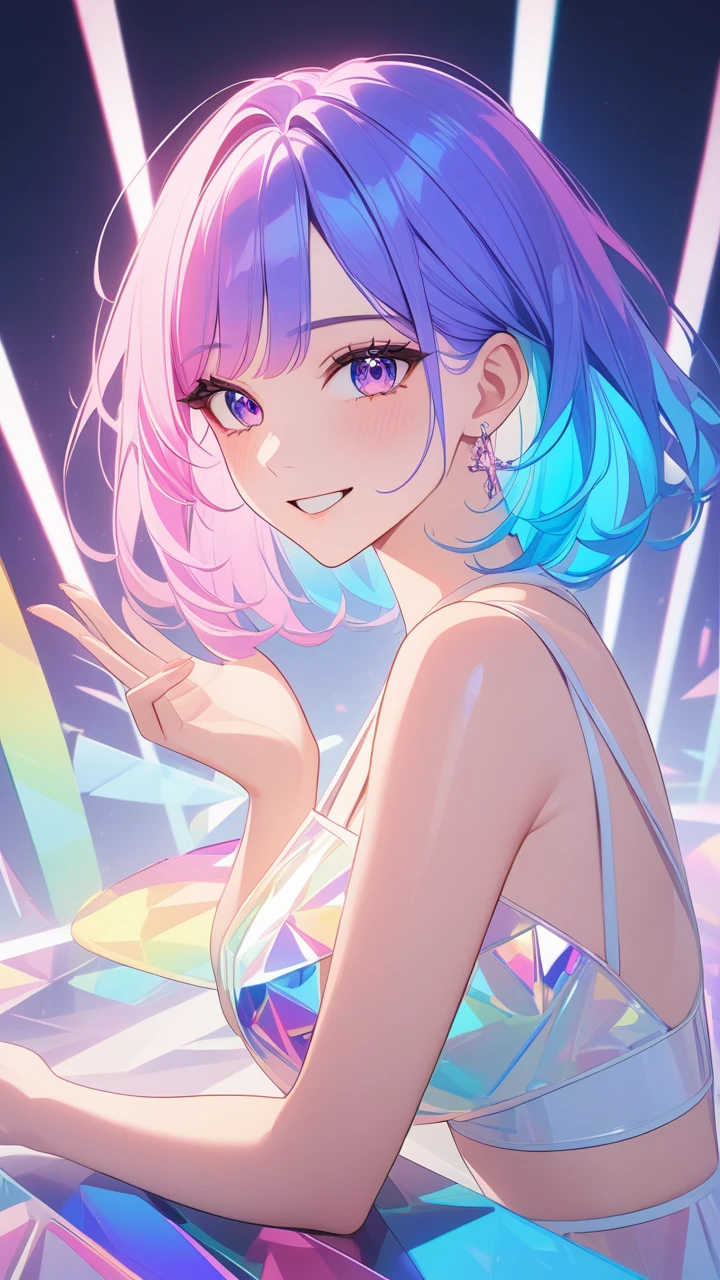 masterpiece,bestquality,superwideangle,fingeraudience,1girl,pinkandbluehair,hand,cuteanimeface,tears,masterpiece,transparentcolorPVCclothing,transparentcolorvinylclothing,wholebody,glitchlump}onface,smile,mediumhair,filmgrain,lens_flare,colorful,chromaticaberration,dynamicpov,closedmouth,Intenseemotionalexpression:death,glitchart,ultra-detailed,extremelydelicateandbeautiful,albumcover,album,albumdescription,Pixilationonface,Doubleexposure,ChromaticAberration,Lightleaks,Noiseandgrain,Colordegradation,Glitchlettering,art,abstractart,geometry,clearlines,squares,bright,limitedpalette,{canonicalcomposition},neatdiagonalstripedbackground,{{bluewithwhitestripedbackground}},{limitedpalette},flatcolored,blueandwhite,