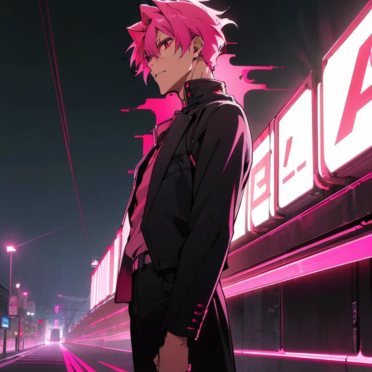 (Highest quality), (masterpiece), (Super detailed), (Shortcuts), (Two-block hair), (Bright pink hair), (Red eyes), (neon), (neonデイライト), (Cinematic), (stylish), (High resolution), (Soft Town), (Nightcore), (a handsome guy), (Kindaichi Case Files Anime Style), (Low - Angle), 