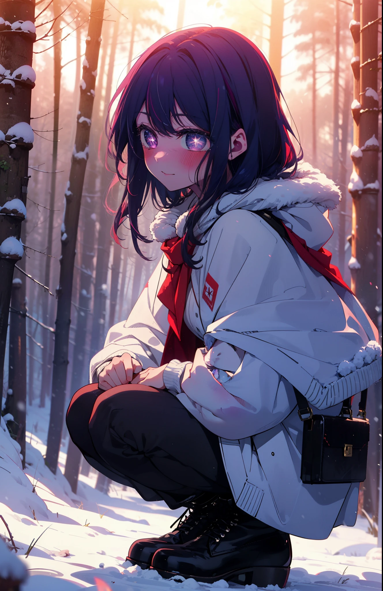 aihoshino, Ai Hoshino, Long Hair, bangs, (Purple eyes:1.1), Purple Hair, (Symbol-shaped pupil:1.5), smile,,smile,blush,white breath,
Open your mouth,snow,Ground bonfire, Outdoor, boots, snowing, From the side, wood, suitcase, Cape, Blurred, , forest, White handbag, nature, Squat, Mouth closed, Cape, winter, Written boundary depth, Black shoes, red Cape break looking at viewer, Upper Body, whole body, break Outdoor, forest, nature, break (masterpiece:1.2), Highest quality, High resolution, unity 8k wallpaper, (shape:0.8), (Beautiful and beautiful eyes:1.6), Highly detailed face, Perfect lighting, Extremely detailed CG, (Perfect hands, Perfect Anatomy),