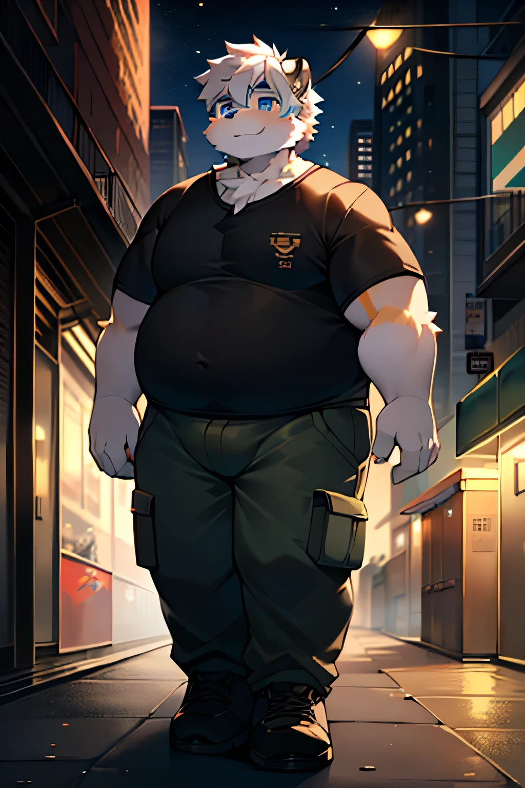 hairy，Fur，bodyfur，City，street，solo，Short sleeve，Rest, rest, rest，No，No，Fat Tiger Boy，Army combat uniform，trousers，cute，Shota，tall，Blue eyes，White hair，hairy，obesity，pregnant，Large target，Very tall and fat
