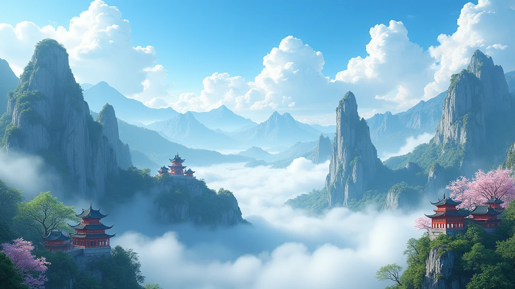 China inhabited by fairies, 3D landscape, spring, early morning, mountains, clouds, cliffs, pavilions, Chinese palaces, mist shrouded, springtime, blue sky and white clouds, clear, clean, sharp images, bright light, rich details, high definition, stunning scenes, large scenes, wide field of view 3D Miyazaki Toshi style.16k