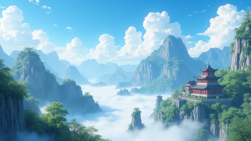 China inhabited by fairies, 3D landscape, spring, early morning, mountains, clouds, cliffs, pavilions, Chinese palaces, mist shrouded, springtime, blue sky and white clouds, clear, clean, sharp images, bright light, rich details, high definition, stunning scenes, large scenes, wide field of view 3D Miyazaki Toshi style.16k