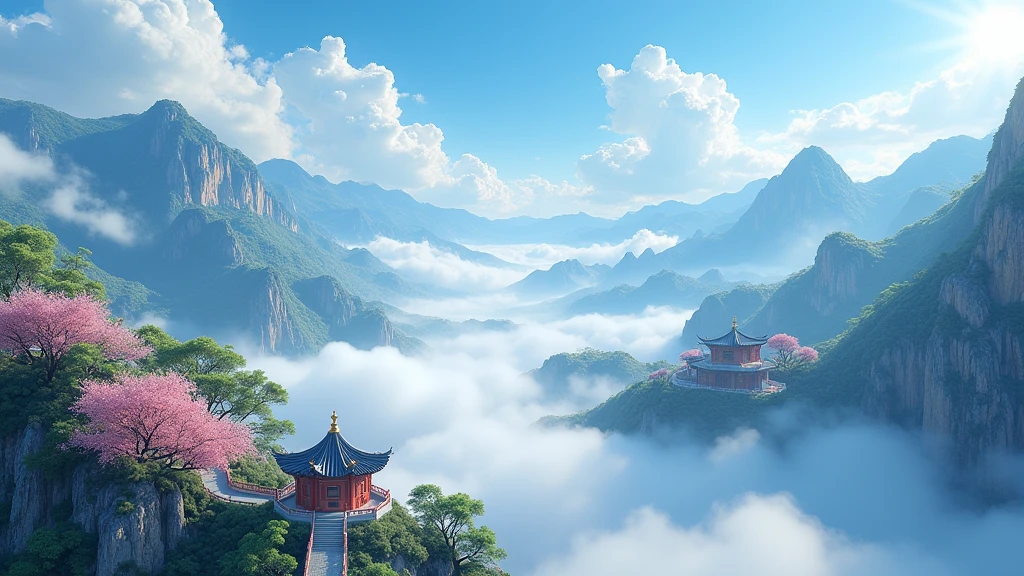 China inhabited by fairies, 3D landscape, spring, early morning, mountains, clouds, cliffs, pavilions, Chinese palaces, mist shrouded, springtime, blue sky and white clouds, clear, clean, sharp images, bright light, rich details, high definition, stunning scenes, large scenes, wide field of view 3D Miyazaki Toshi style.16k