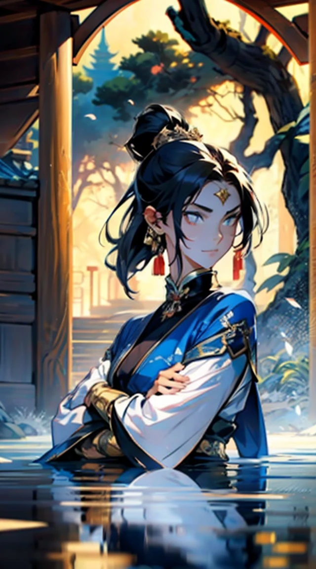 perfect face, face cold, random expressions,random action, ancient japanese architecture,pond, a close up of a woman in a dress holding a sword, by Yang J, Anime fantasy illustration, 2. 5 D CGI anime fantasy artwork, Chinese fantasy, xianxia fantasy, author：Fan Qi, Inspired by Lan Ying, trending digital fantasy art, Beautiful character painting, Fantasy art style, a beautiful fantasy empress, inspired by Wu Bin, Inspired by Ai Xuan,Two dimensions，anime style，one person（male warrior），proportions are correct，facial details，swordsman，high ponytail hairstyle，neck detail，Have an Adam&#39;s apple，Black and gold rob，Black and gold robe，clothing details，Hand over，long sleeves，Game quality，fencing，Ray tracing，Ray tracing，Detailed glow，CG rendering，hair details，Long black and blond hair，Black-gold eyes，Handsome，Handsome，（Youthful feeling），Costumes are complicated，Perfect composition，refine，high quality，higher detailany details，Complex background，a sense of atmosphere，face angry