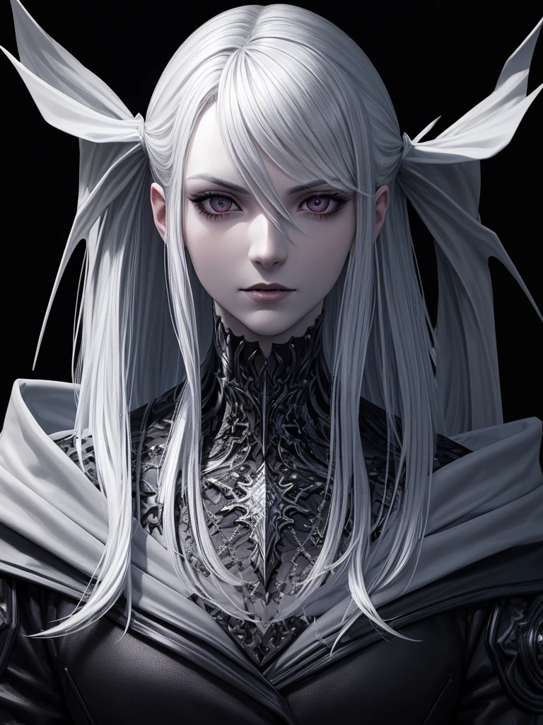 Insanely detailed photograph of a gorgeous vampire man, Goth Renaissance, Long, voluminous white hair, Complex white eyes, Fantasy, vampire, Mysterious, Ultra-detailed, 32K resolution, Dynamic Lighting, Ultra-detailed, Exquisitely crafted, Trending on Art Station, 3 colours, Volumetric lighting, Balenciaga Style