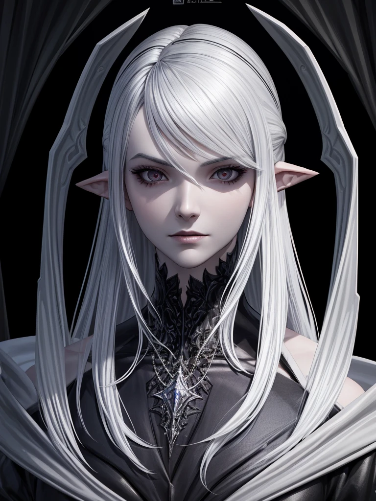 Insanely detailed photograph of a gorgeous vampire man, Goth Renaissance, Long, voluminous white hair, Complex white eyes, Fantasy, vampire, Mysterious, Ultra-detailed, 32K resolution, Dynamic Lighting, Ultra-detailed, Exquisitely crafted, Trending on Art Station, 3 colours, Volumetric lighting, Balenciaga Style