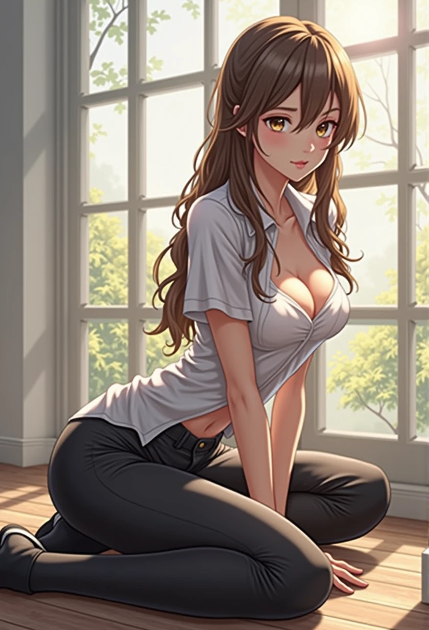 A beautiful woman sitting on her legs, Long, wavy hair, almost transparent white shirt, dark jeans, sultry gaze, window, raios de luz pela window, arvores através da window, well-defined medium bust, medium breasts, Light brown eyes, hands on the floor, defined hands, perfect hands, seducing smile, clear environment, quarto com window grande, hair illuminated by light, pointy nipples, volume nipples on shirt
