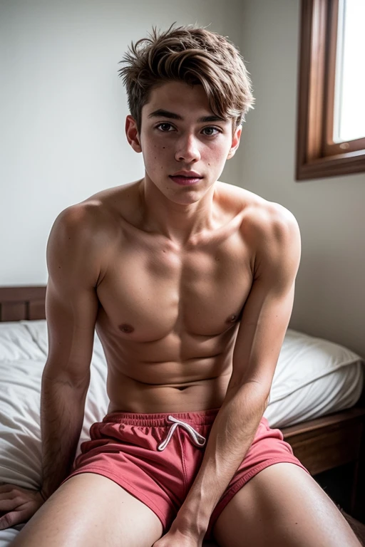 Portrait of a 17-year-old boy, on his knees, small shorts, pink shorts, tank top, pink room, stuffed animals, focus on the boy, supportive pose, open legs, sensuality, seducing the viewer, looking at the viewer, symmetrical body, perfect body, realimo, real, focus on boy, handsome boy, beautiful boy, european facial features, 1boy, solo, teen, white tank top