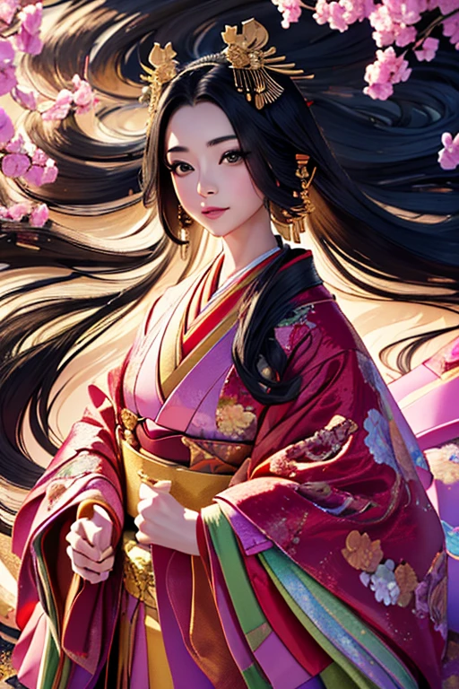 (Highest quality、 8k 、masterpiece、High resolution)、Heian period、A beautiful young woman from the nobility、、(Straight hair、Long, beautiful black hair)，(12 Single layer kimono、The beauty of layered colors)，Official Art、Detailed CG、