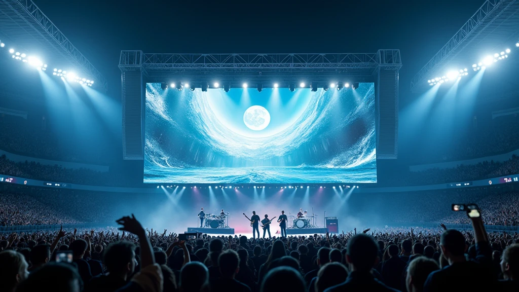 Hyperrealism，Movie-quality images，Photography style，8k pixels，Concert scene in football stadium，Band performance on the main stage，The big screen behind me shows SEA ART INFINITY