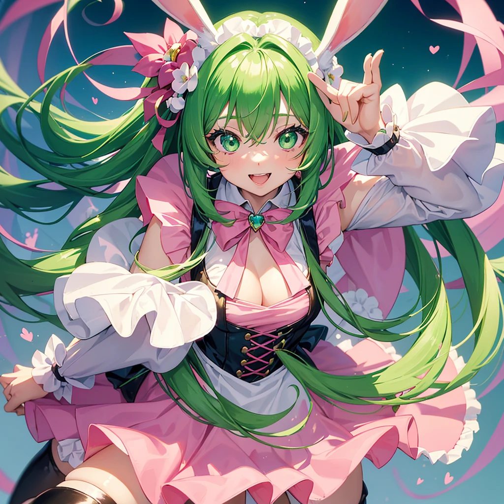 One woman,((Put on rabbit ears,Cosplay 20 years old,A little more mature atmosphere)) Green Eyes,Super Shining,Crystal long hair,green,Fluffy hair, maid outfit, black boots,A big smile down to my knees,front,Showing a little teeth Background(Pink Background,Lots of hearts) Super anime style, a masterpiece,Shining Edge
