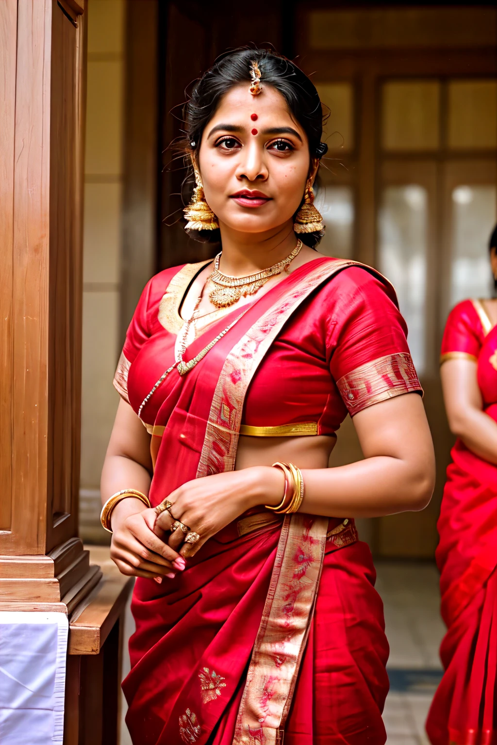 an Indian woman politician in traditional attire, standing confidently at a podium, styled after vibrant, warm colors with intricate patterns reflecting cultural heritage, strong and assertive facial expression, captured with a telephoto lens to emphasize presence, political portraiture d'not use jewelry  full size photo