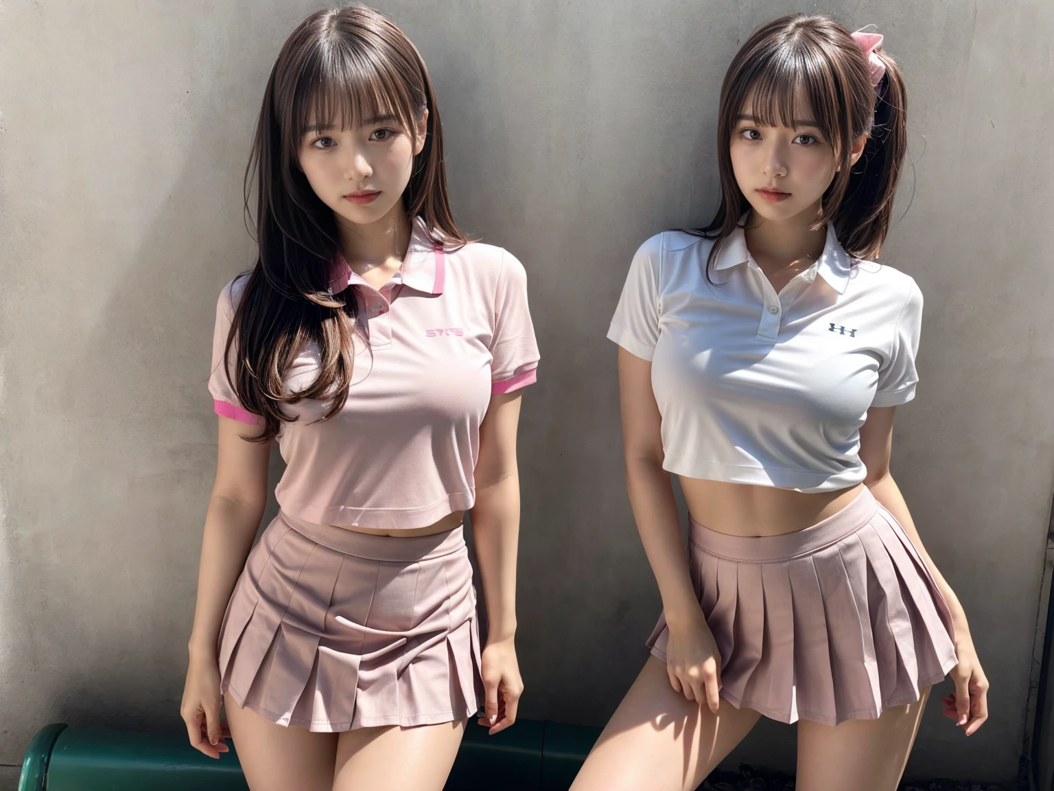 masterpiece, best quality, illustration, Super detailed, fine details, High resolution, 8K,wall paper, perfect dynamic composition,(Details High quality, realistic depiction of eyes:1.3), (2 girls), BREAK (white theme:1.4), (tucked-out short sleeve white polo shirt:1.4), (pink lines on tops outline:1.3), (pure white pleated mini skirt:1.3), (hem of top covers top half of skirt:1.3), (pink fluffy scrunchie on wrist:1.3), (white and pink sports shoes:1.2), short bob hair, (large :1.2), plumpy body, black hair color, Big Natural Color Lip, (perfect body shape), crying a little、Harajuku style、20 year old girl、cute type、beautiful legs, Gravure Idol