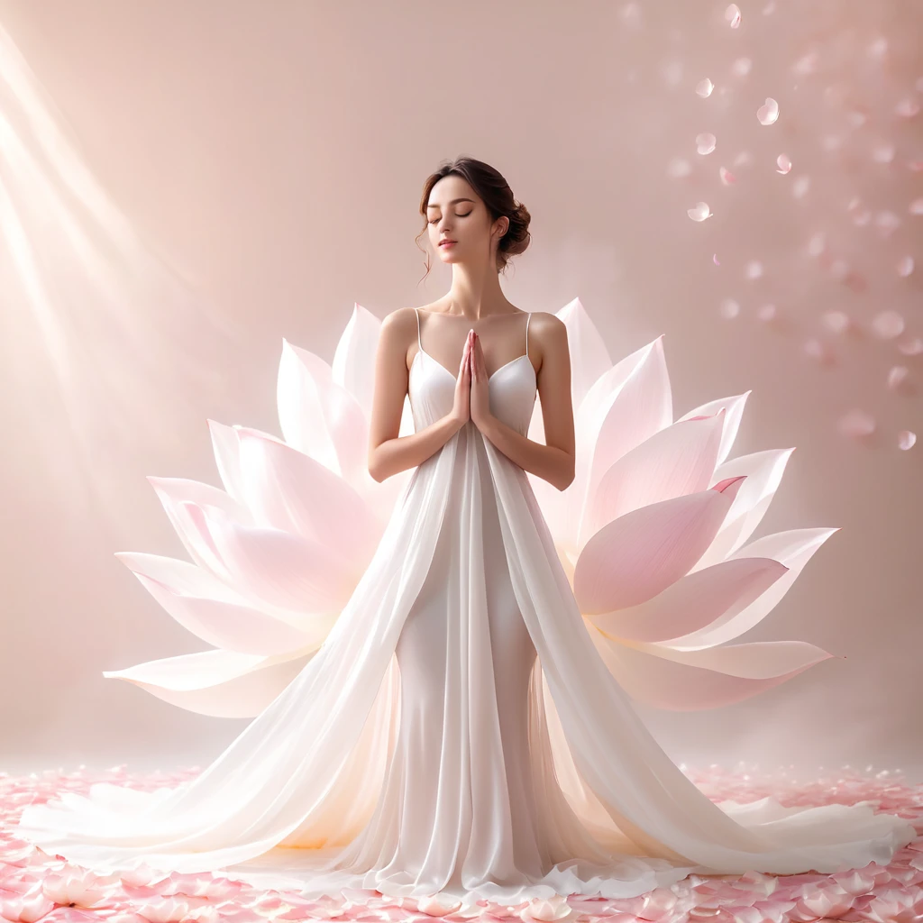  
full length, graceful figure, Beautiful legs, dance pose, brunette, Beautiful face,  light white tones, Esbian Full Body, White background, daylight, Efeito de Luz, minimalist, Solar, pure tenderness, soft lighting, Realism, woman, which (collarbone, shoulders) posing with his back (prays and stands) on a super-giant petal of a dark blue iris flower with double and long petals (petals made of thin, soft gauze cloth, full background of many flowing transparent blue petals, floating flower, in her hand there is a long stem above her head, huge giant blue iris flower, over her head,  Smoke effect, fog, mixed with blue iris petals), fluffy skirt made of blue iris flower petals,, ((ss-through)). ReV Animated