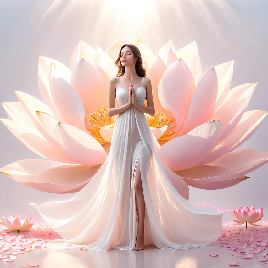  
full length, graceful figure, Beautiful legs, dance pose, brunette, Beautiful face,  light white tones, Esbian Full Body, White background, daylight, Efeito de Luz, minimalist, Solar, pure tenderness, soft lighting, Realism, woman, which (collarbone, shoulders) posing with his back (prays and stands) on a super-giant petal of a dark blue iris flower with double and long petals (petals made of thin, soft gauze cloth, full background of many flowing transparent blue petals, floating flower, in her hand there is a long stem above her head, huge giant blue iris flower, over her head,  Smoke effect, fog, mixed with blue iris petals), fluffy skirt made of blue iris flower petals,, ((ss-through)). ReV Animated