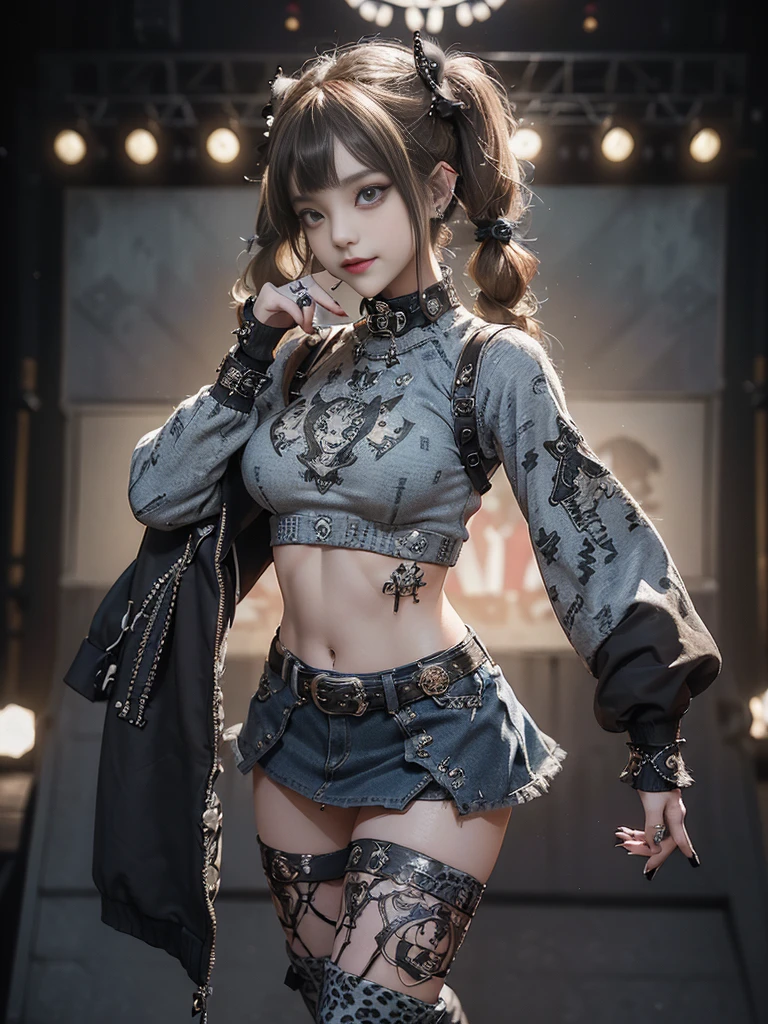 (Full Body View:1.2)、(Side view:1.1)、(Smiling with teeth showing:1.3),(Hollywood actress:1.5)、(Gothic Lolita style fashion:1.5)、(Punk RockVisual Kei:1.5)、(Wearing a sweater with intricate decoration:1.4)、(A mini skirt with delicate white, denim and charcoal embellishments.:1.5)、(Denim, light blue and leopard print boots:1.3)、((belt))、(Numerous intricate patterns all over the costume:1.4)、(collar:1.3)、(Leopard print underwear:1.5)、20-year-old、NSFW、((Highest quality、In 8K、masterpiece:1.3))、Sharp focus:1.2、(Layered Cut、Huge boobs:1.1),Beautiful woman with perfect figure:1.4、(Posing as a gravure model:1.3)、Slender Abs:1.2、Highly detailed face and skin texture、Detailed eyes、double eyelid,(Twin tails:1.3)、(Brown-golden hair:1.3)、Gravure idol、(The background is the stage of the fashion show:1.3)、(Slim Body:1.3),(Make your legs thinner:1.4),（clavicle:1.1）