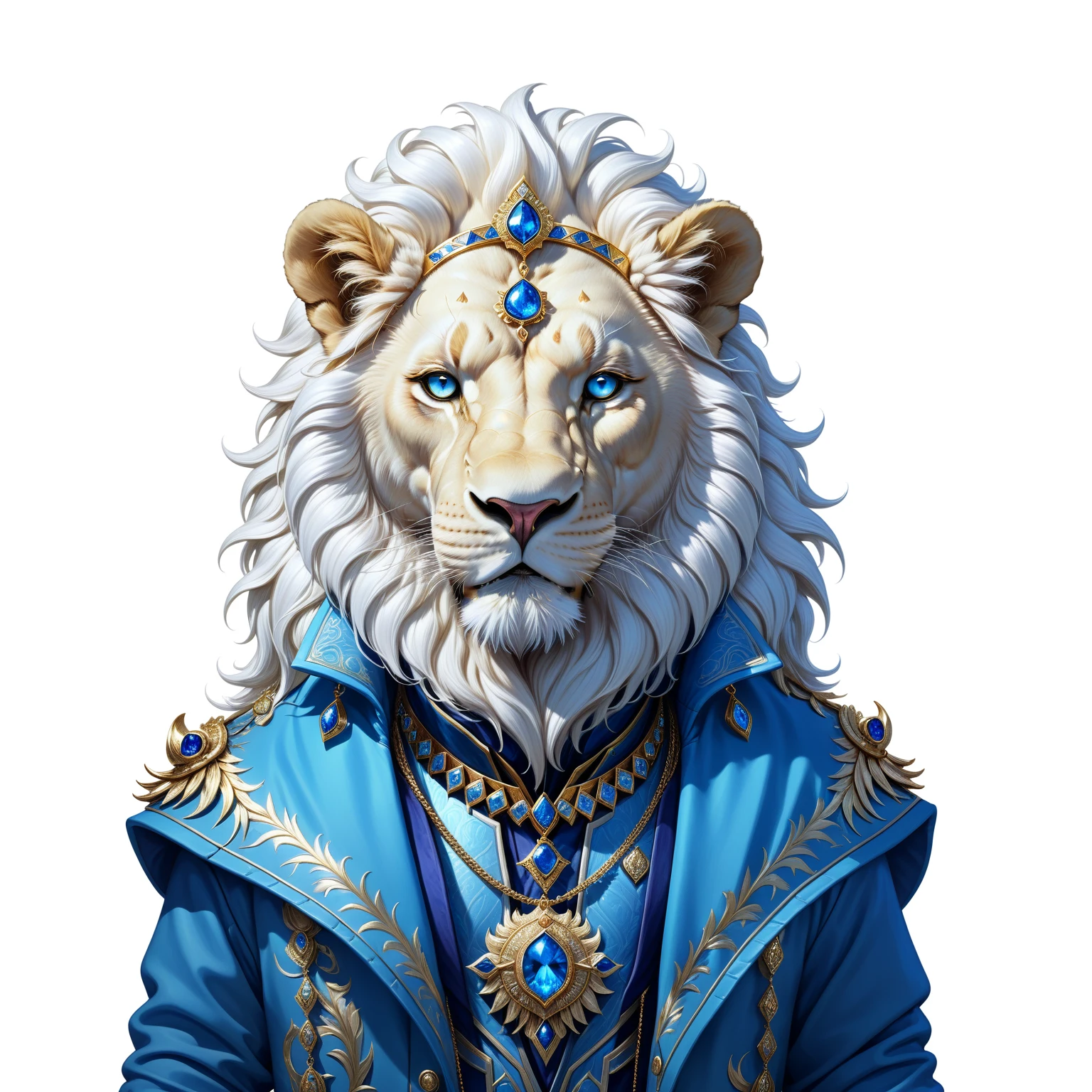 there is a white albino lion wearing a blue coat and a gold necklace, Aslam, The lion, albino mystic portrait, hyperdetailed fantasy character, dramatic cinematic detailed skin, Majestade em roupas nobres, majestic, dominant with white and blue colors, wearing a general geneticist costume jacket, Syrian mystic lion, complex fantasy character, wearing a cut blue crystal jewelry with gold border. It has a radiant blue light coming from the third eye.