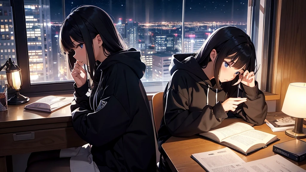 night,Girl studying at desk, Long sleeve hoodie,窓の外にnight景