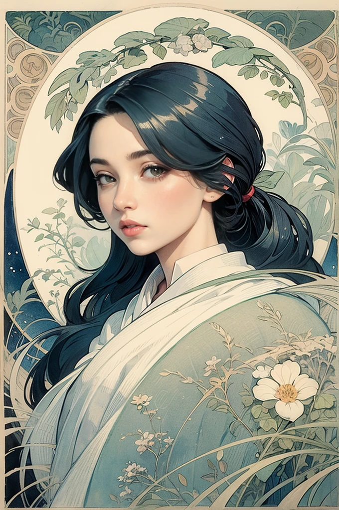 ((tmasterpiece)), (Best quality at best), (Cinematic),  Art Nouveau watercolor painting , lunar goddess  , large eyes, Long thick eyelashes, plump lips, dark red eye, Long hair is thick,  high ponytails, chubby, floral_background, Intricate designs and patterns in the style of Alphonse Mucha.