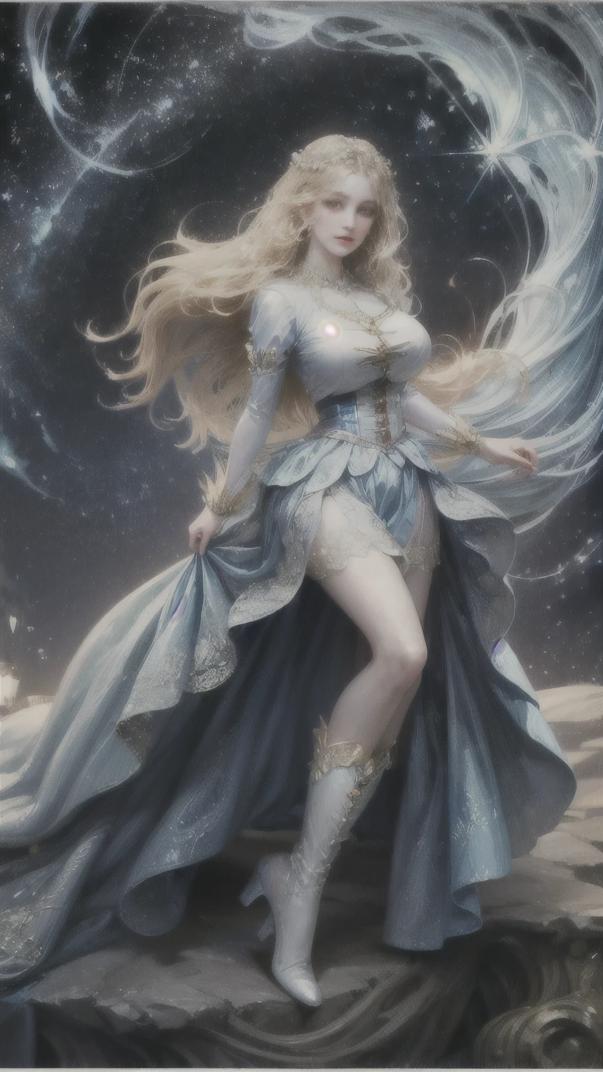 (magical girl)), ((gorgeous starry sky background)), ((ultra-detailed)), ((cinematic lighting)), dynamic angle, (huge breast:1.2),floating, finely detailed, (glitter:1.2), (sparkle:1.2), (shine:1.2), classic, (painting:1.1), (sketch:1.1), (best quality), (masterpiece:1.2), (solo), beautiful detailed face, colorful hair, (long hair:1.2), (floating hair:1.2), (magical girl outfit), detailed outfit, (magical effects:1.3), (flowing skirt:1.2), (cute boots:1.1), (transparent fabric:1.1), (twinkle:1.2), (glow:1.2), (radiance:1.2), (flicker:1.2), (dazzle:1.2)