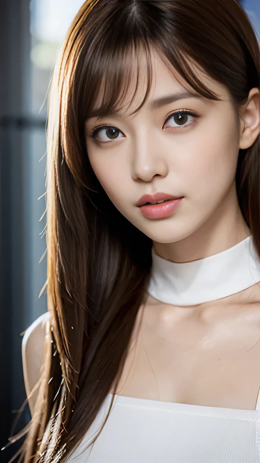 1 Female, Close-up of face, Medium chest, Light brown hair, Blunt bangs, Hair behind the ear, Hair that falls over the shoulders, Long Hair, Slim figure, Ultra debtine debtace, Thin face, Delicate lips, Beautiful Eyes, Light blush, eyes are light brown, Perfect glowing skin, Perfect Skin, Shining Sweat,Have a look at this, Ultra-thin needle, Very thin fingers, The optimal ratio is four fingers to one thumb, (Realistic:1.3), See-through mock neck crop tank top in white. amusement park, First Person View, debtuji debtilm, debt/1.2, 8K, Tabletop, んdebtdebt, Super detailed, high quality, 最high quality, High resolution