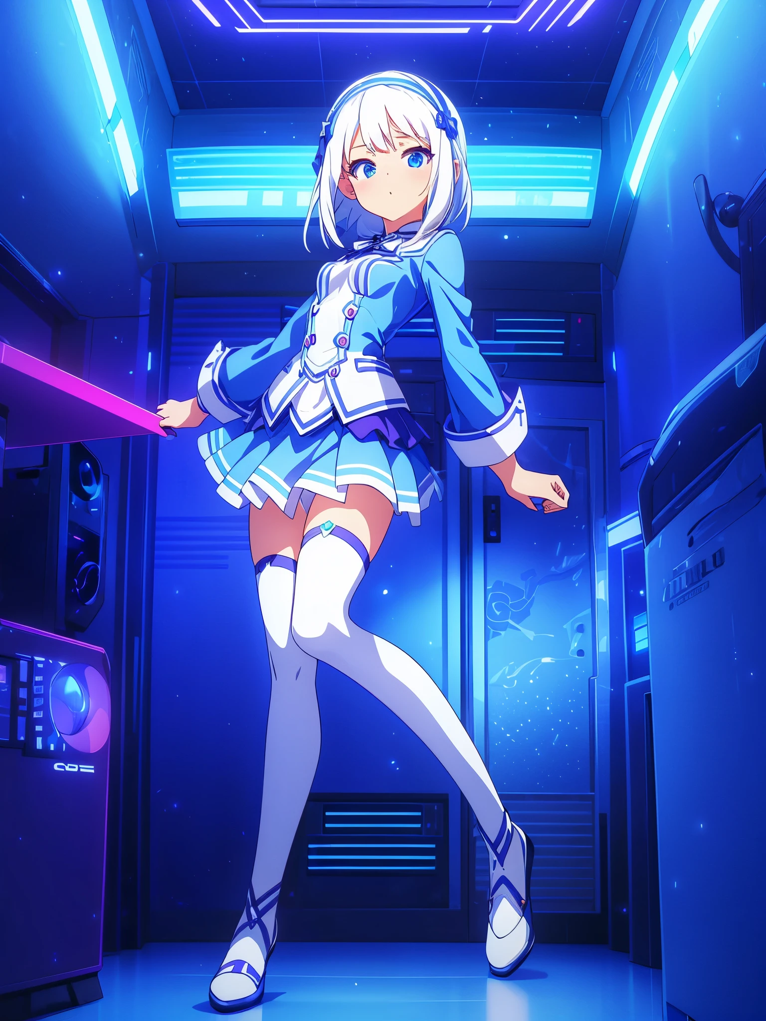 1 beautiful girl excellent quality perfect anatomy vtuber white hair light blue eyes long stockings in the room rgb led pc gaming full body Mini skirt small breasts